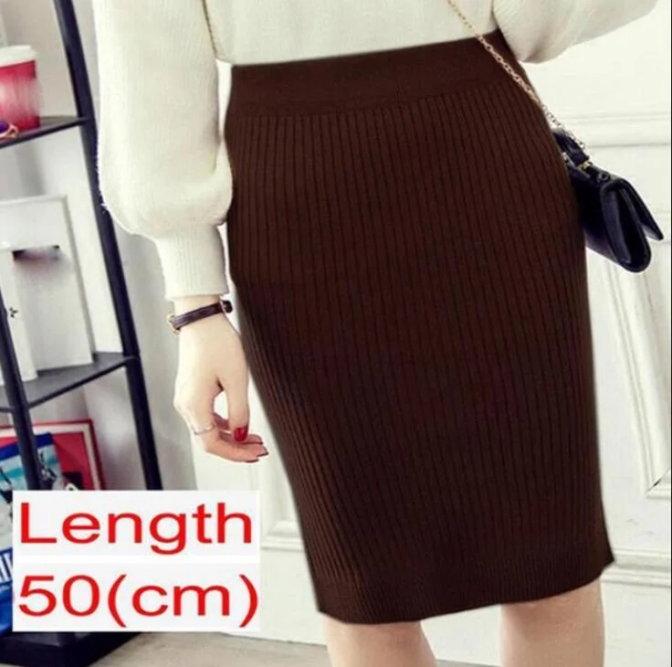 Women Knitted Pencil Skirts Slim Solid Basic Ladies Office High Waist Elegant Midi Skirt 2020 Autumn Winter Warm Womens Skirts
