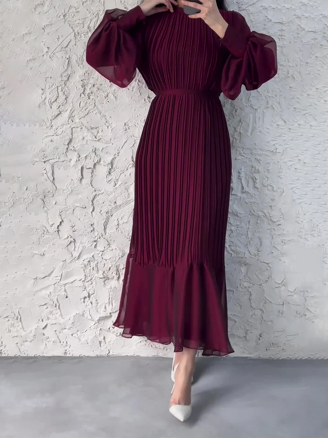 Style & Comfort for Mature Women Women's Long Sleeve Scoop Neck Lace-up Temperament Maxi Dress