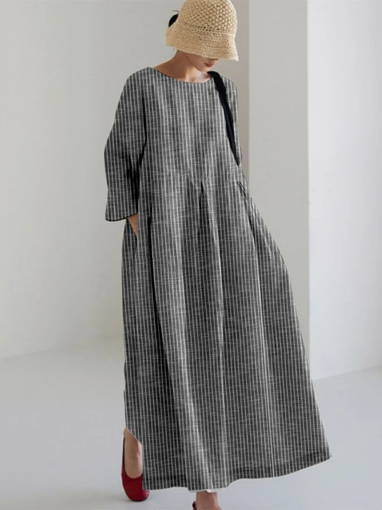 Comstylish Retro Striped Pocket Casual Cotton And Linen Round Neck Long Dress