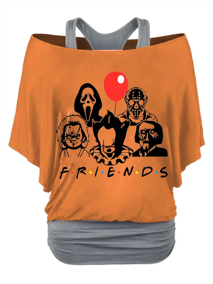 Halloween Friends Print Short Sleeved Tops Two Piece Set