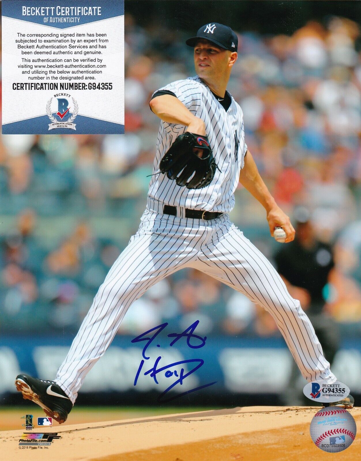 J.A. HAPP NEW YORK YANKEES BECKETT AUTHENTICATED ACTION SIGNED 8x10