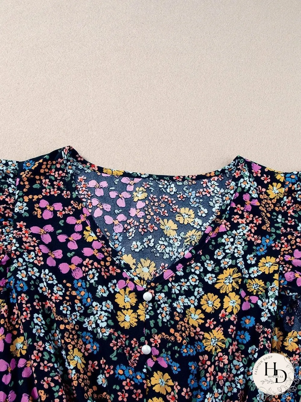 Elegant Black Floral V-Neck Midi Dress with Ruffle Sleeves