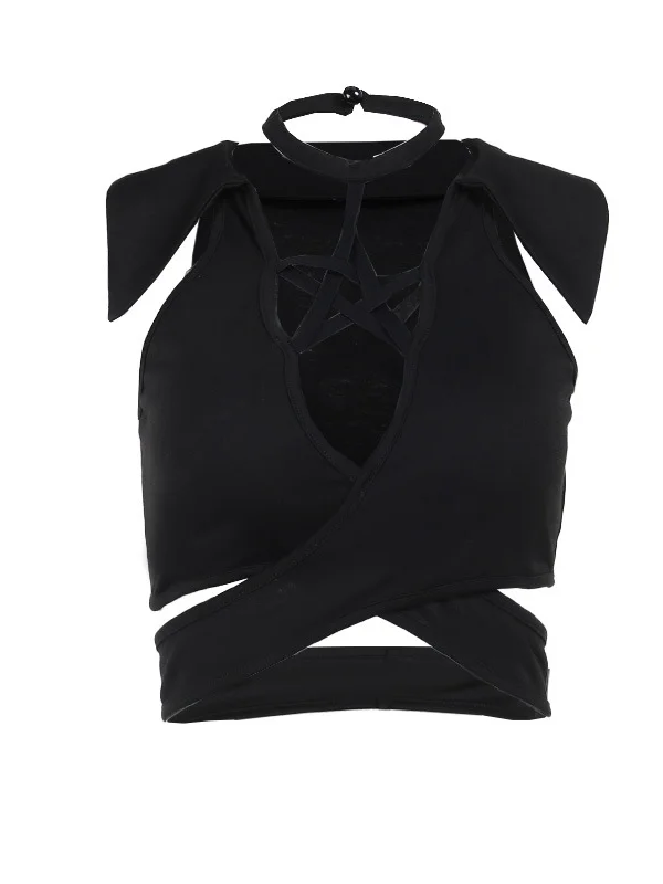 Gothic Dark Sleeveless Shirt Collar Cutout Plunging Neck Bandaged Pentagram Top