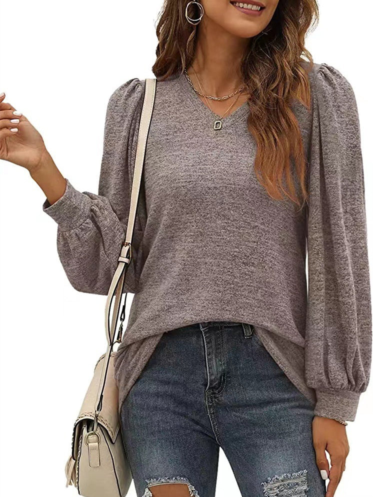 Women's Buttons Stitching Solid Color Long Sleeve V-neck Top