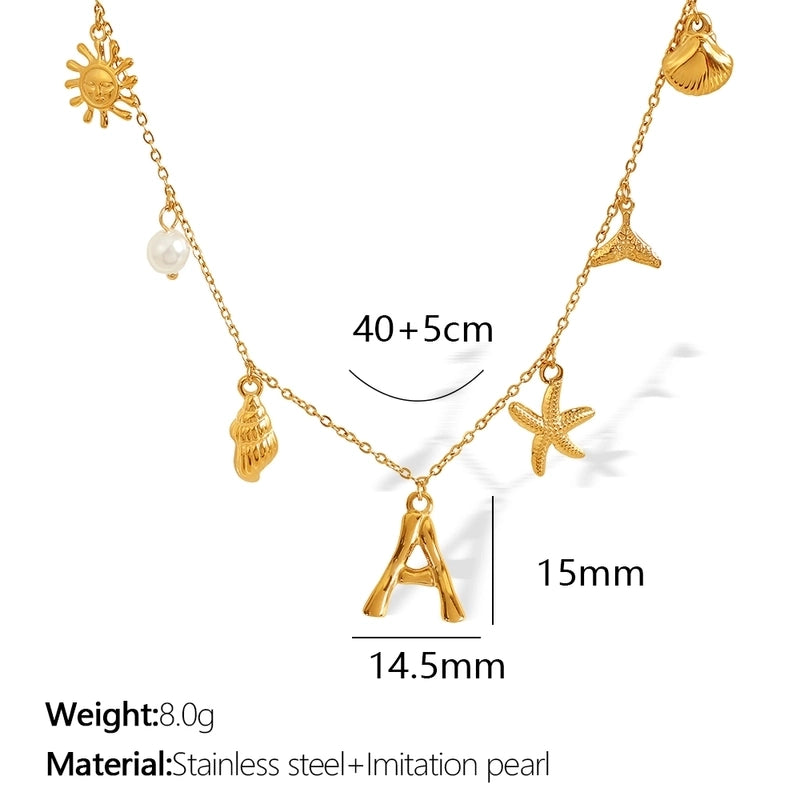 Beach Starfish 304 Stainless Steel Artificial Pearls 18K Gold Plated Polishing Inlay Pendant Necklace