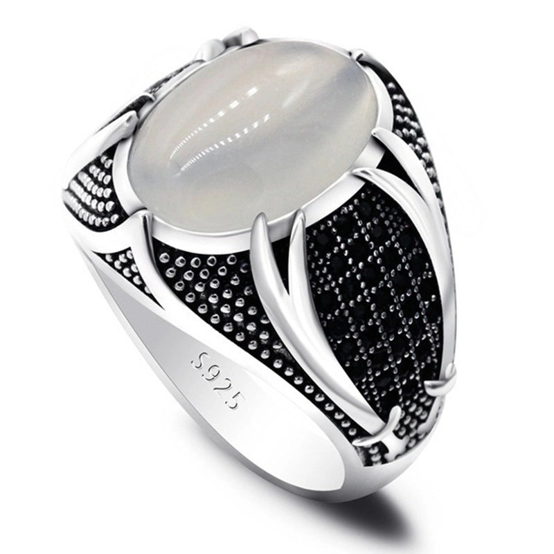 New Retro Two Machete Male Ring Oval Gem Thai Silver Ring Black Diamond Ring