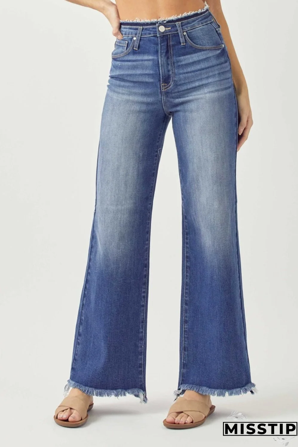 RISEN High Waist Raw Hem Wide Leg Jeans