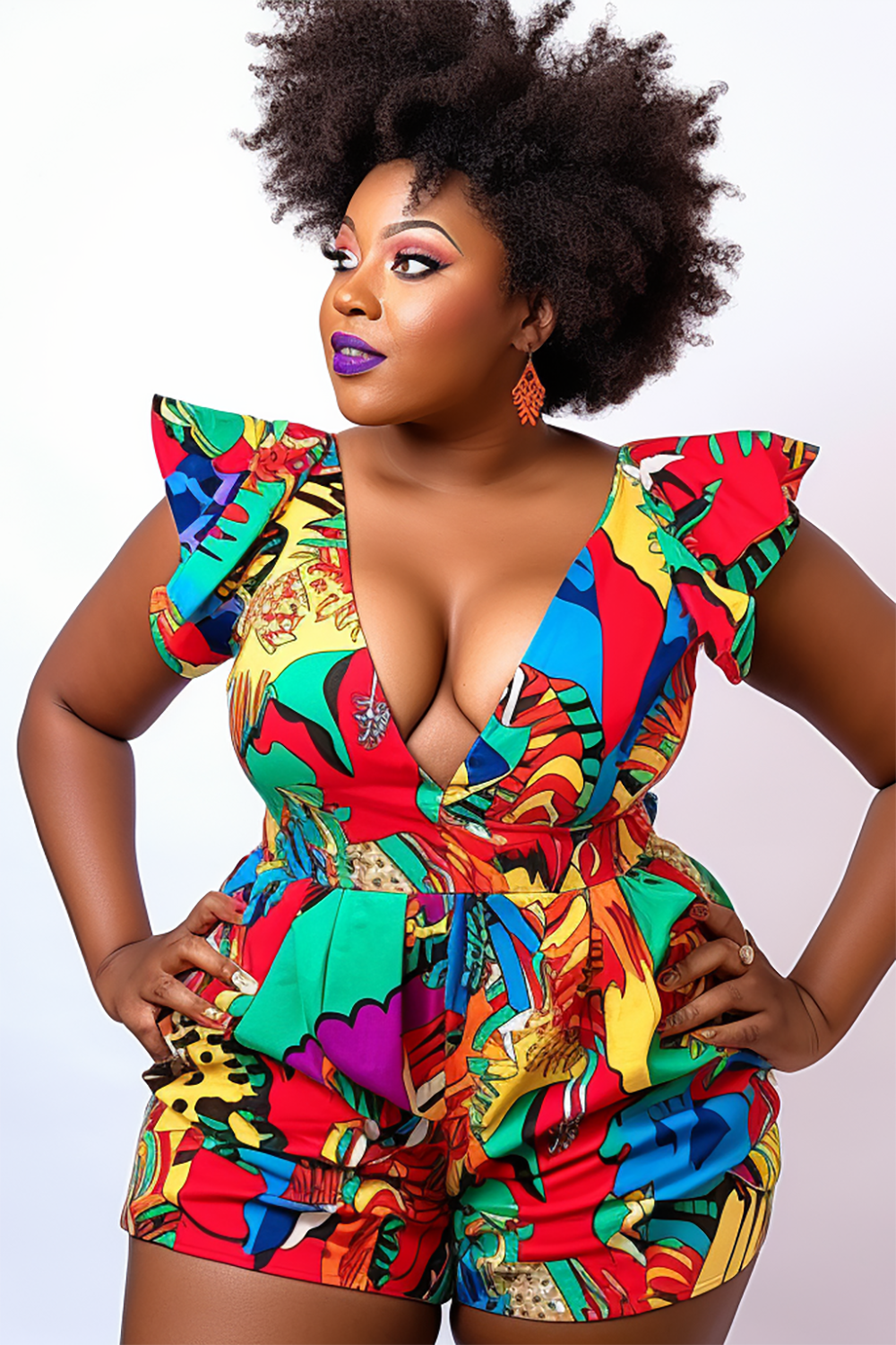 Design Plus Size Daily Multicolor All Over Print Spring Summer V Neck Short Sleeve Knitted Rompers [Pre-Order]