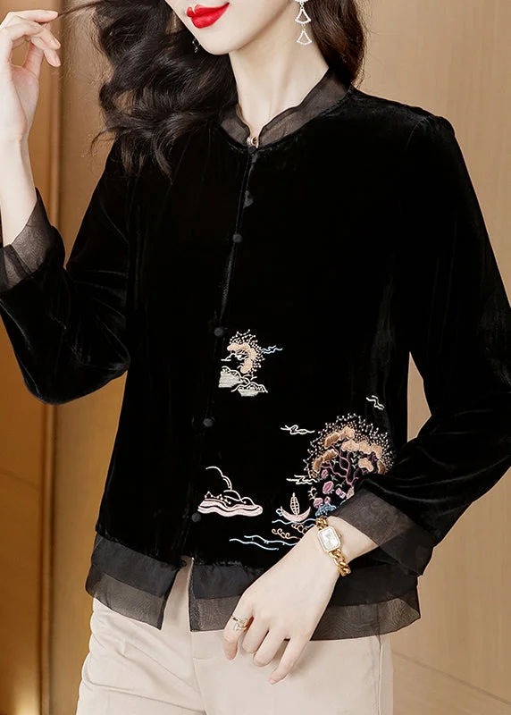 Chinese Style Black Stand Collar Embroideried Velour Top Spring