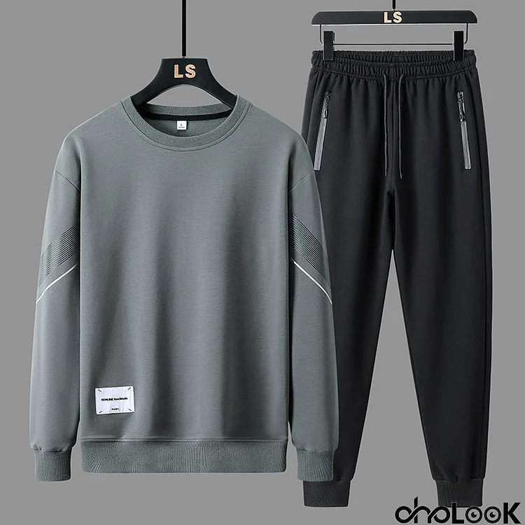 Men Spring Autumn Leisure Sports Stripe Long Sleeve Sweatshirts Pants Plus Size Sets