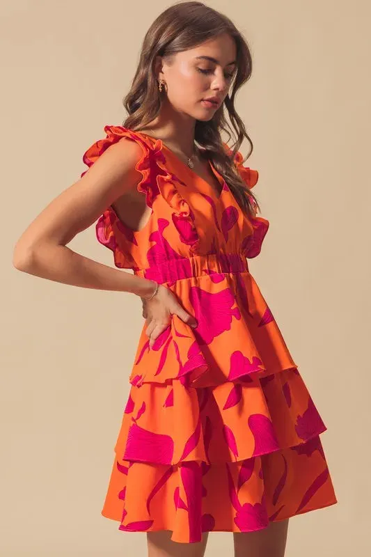 SO ME Floral V Neck Layered Dress with Elasticized Waist