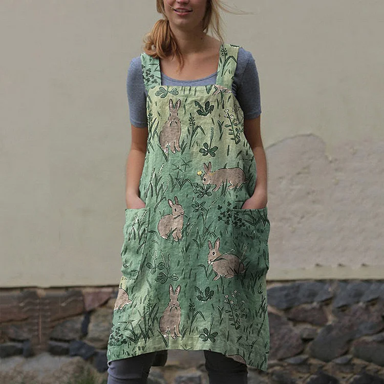 VChics Farm Bunny Meadow Print Pocket Apron Midi Dress
