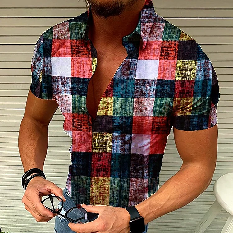 BrosWear Plaid Contrast Print Short Sleeve Shirt