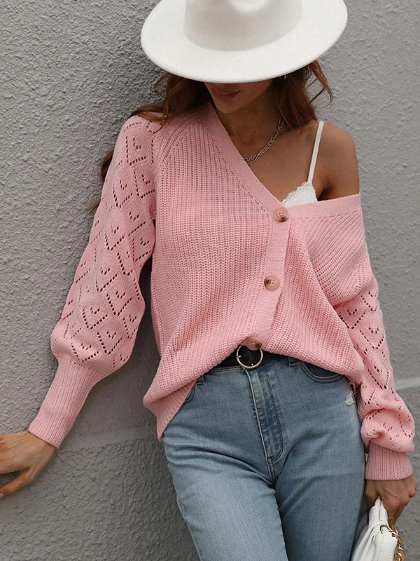 Casual Long Sleeves Loose Solid Color V-Neck Cardigan Tops