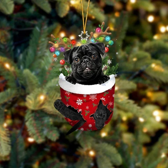 BLACK Pug In Snow Pocket Christmas Ornament trabladzer