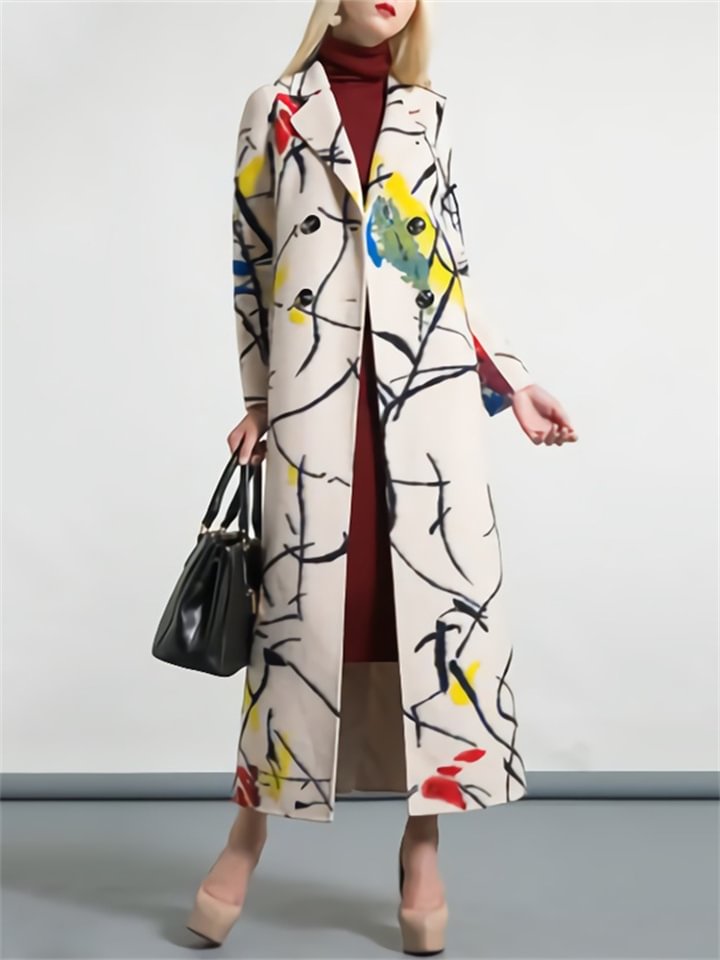 Elegant Lapel Print Long Coat -vasmok
