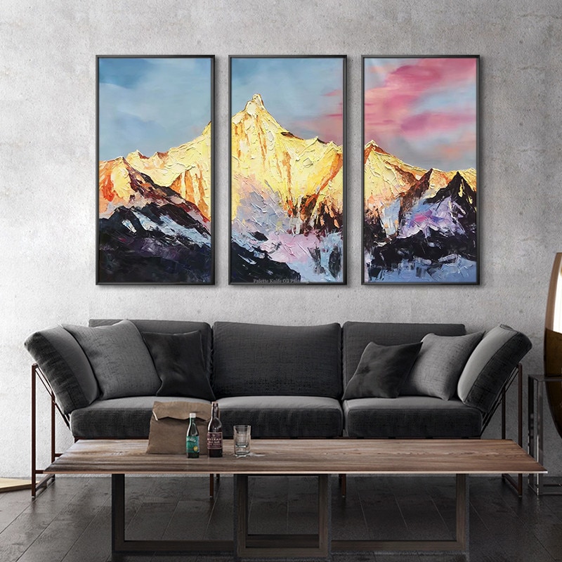 Snow mountains Peaks oil painting on canvas Original 3 pieces texture extra Large Wall Art for living room home cuadros qudraos