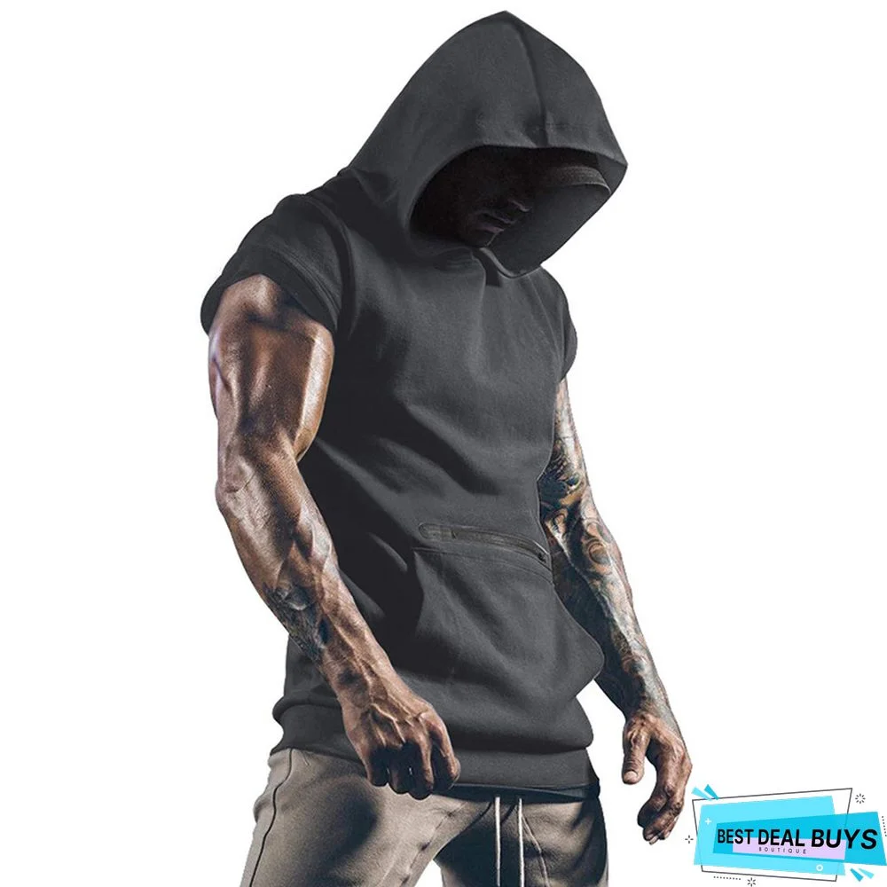 Men's Sleeveless Personalized Leisure Sports Vest Outdoor Fitness Solid Color Hoodie