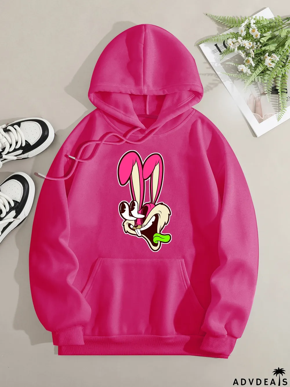 Printed on front Kangaroo Pocket Hoodie Long Sleeve for Women Pattern Rabbit Surprised