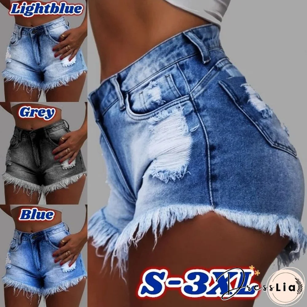 Women's Fashion Washed Denim Girls Casual High Waisted Short Mini Jeans Ripped Jeans Shorts Hot Pants Washed Denim Short Plus Size S-3XL