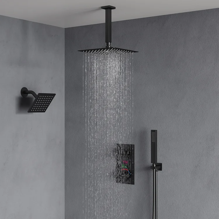 SFS-1033-BK12 Dual Shower Head and Handheld Shower Head with Real-time Temperature Display in Matte Black(Valve Included）