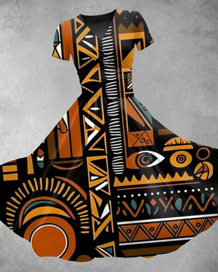 V Neck Geometric Totem Print Maxi Dress