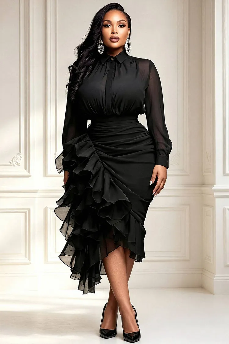 Xpluswear Design Plus Size Churchs Black Shirt Collar Lantern Sleeve Long Sleeve Ruffle See Through Chiffon Two Piece Skirt Sets [Pre-Order] 2024 - Xpluswear