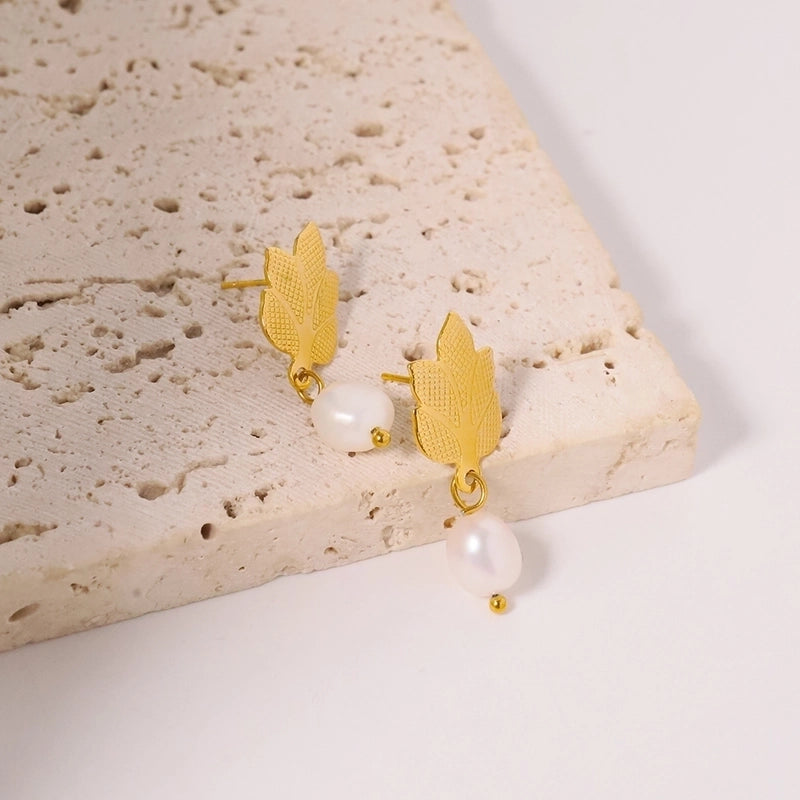 1 Pair IG Style Minimalist Leaves Pearl 304 Stainless Steel 18K Gold Plated Drop Earrings
