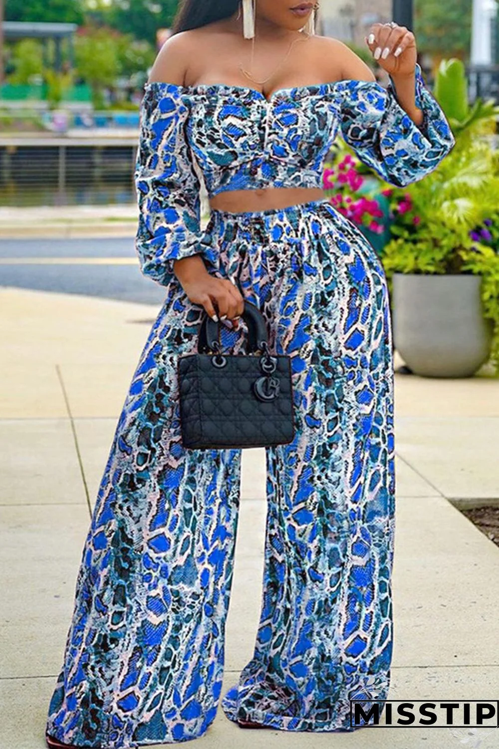 Blue Fashion Casual Print Backless Off the Shoulder Long Sleeve Two Pieces