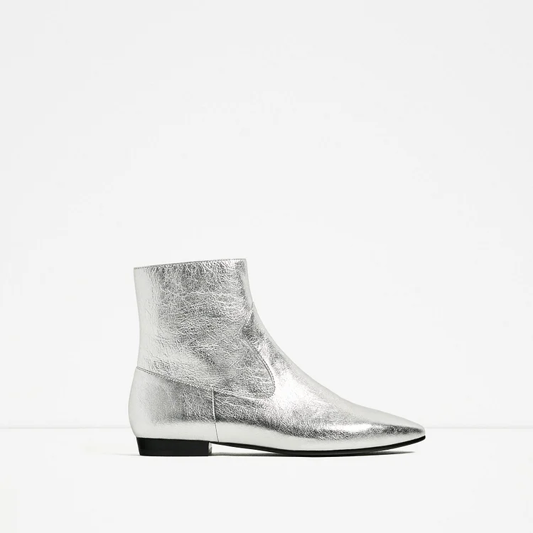 Silver Pointed Toe Flat Ankle Boots Vdcoo