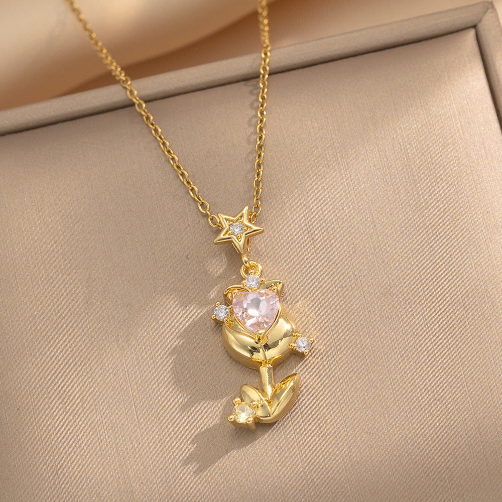 Tulip Zircon Love Rose Gold Gorgeous Full Diamond Necklace Female Versatile Clavicle Chain Titanium Steel Chain