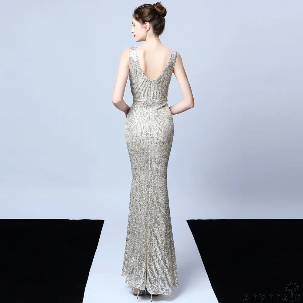 Sequins V-Neck Sleeveless Mermaid Evening Dress