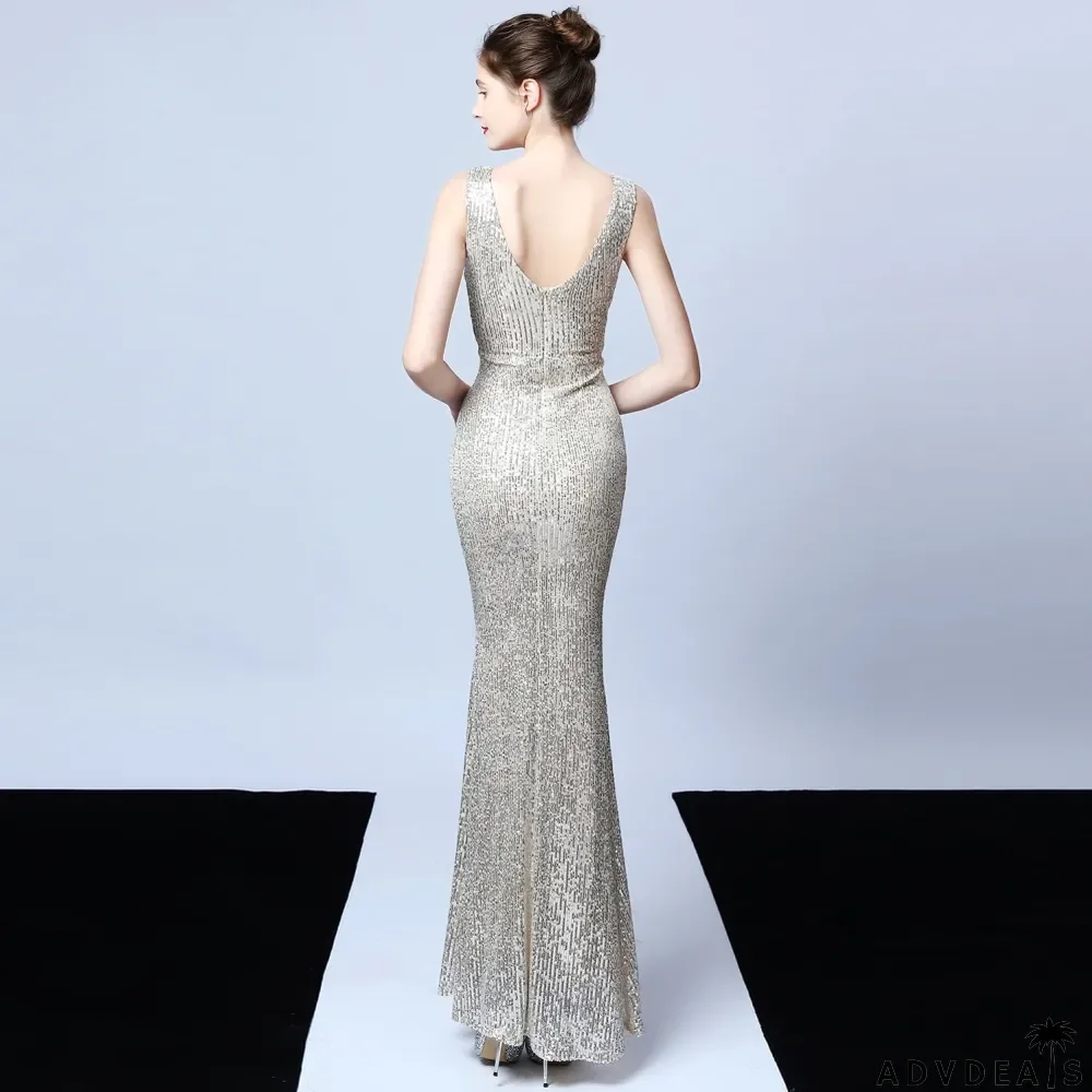 Sequins V-Neck Sleeveless Mermaid Evening Dress