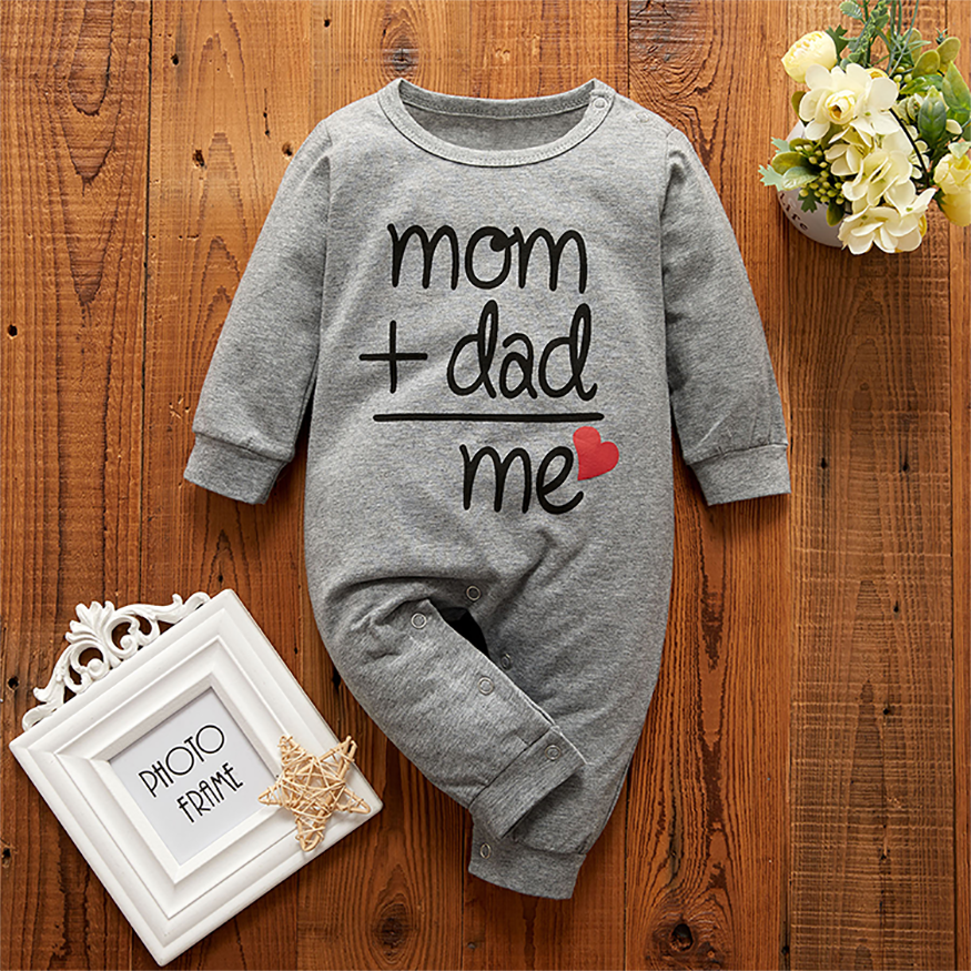 Mom Dad Me Lovely Letters Solid Printed Long Sleeve Baby Jumpsuit