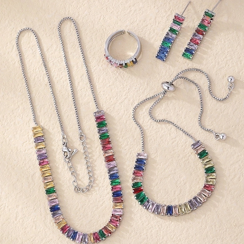 304 Stainless Steel Copper Rhodium Plated Minimalist Shiny Inlay Geometric Rectangle Zircon Rings Earrings Necklace