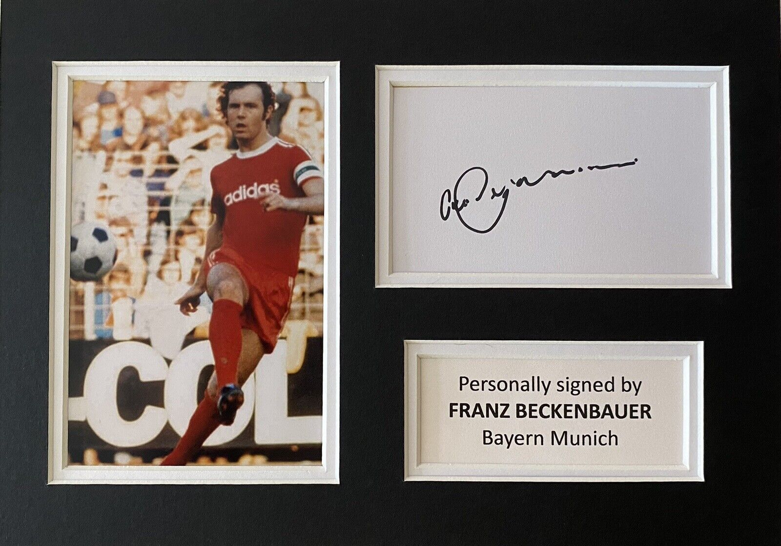 Franz Beckenbauer Hand Signed White Card In A4 Bayern Munich Mount Display