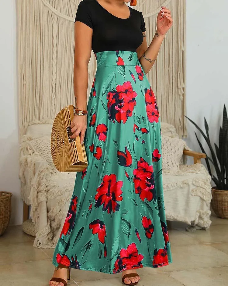 Flower Print Color Block Dress