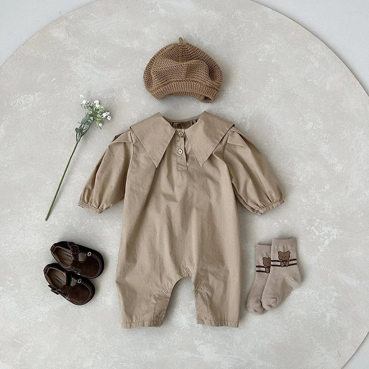 Baby Boy/Girl Solid Color Lapel Collar Long Sleeve Romper