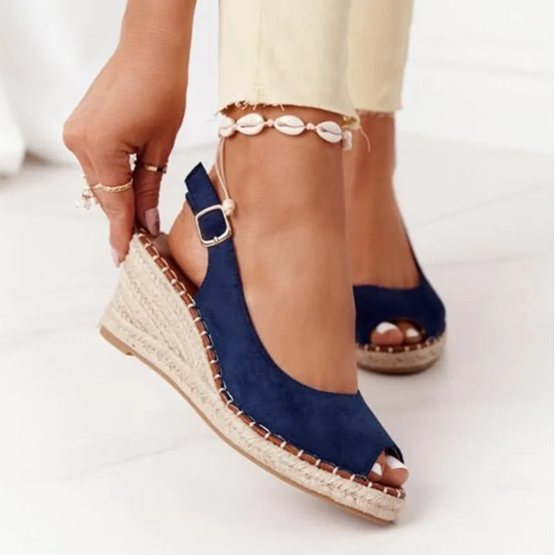 2021 Summer Women Sandals Leather Peep Toe Buckle Wedge Sandals for Women Casual Comfortable Platform Females Mid Heel Sandals
