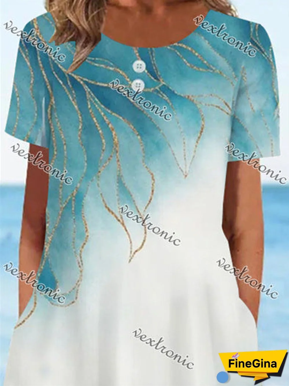 Women's Green Scoop Neck Short Sleeve Graphic Midi Dress