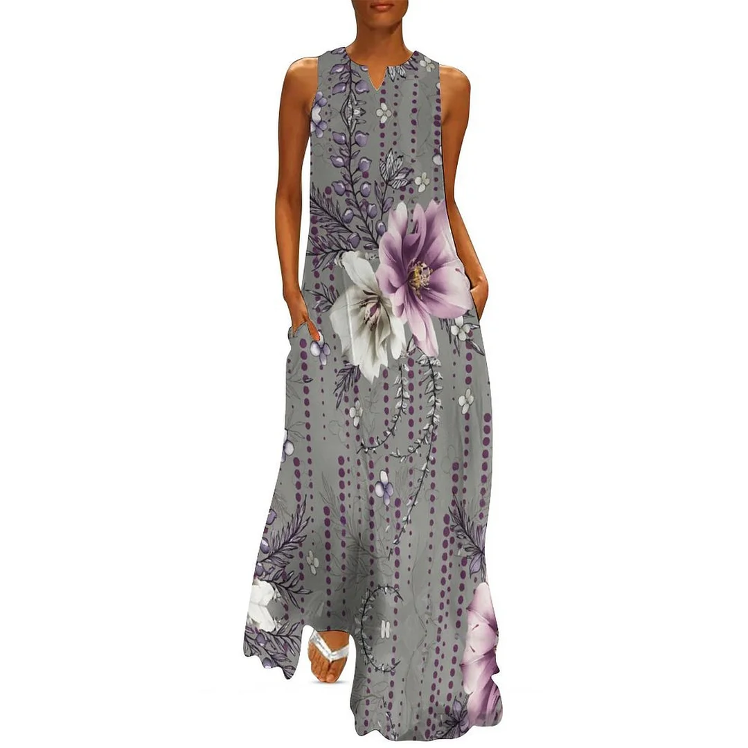 Style & Comfort for Mature Women Plus Size Printed Sleeveless Casual Women Maxi Dress with Pockets in Pattern Floral, Purple