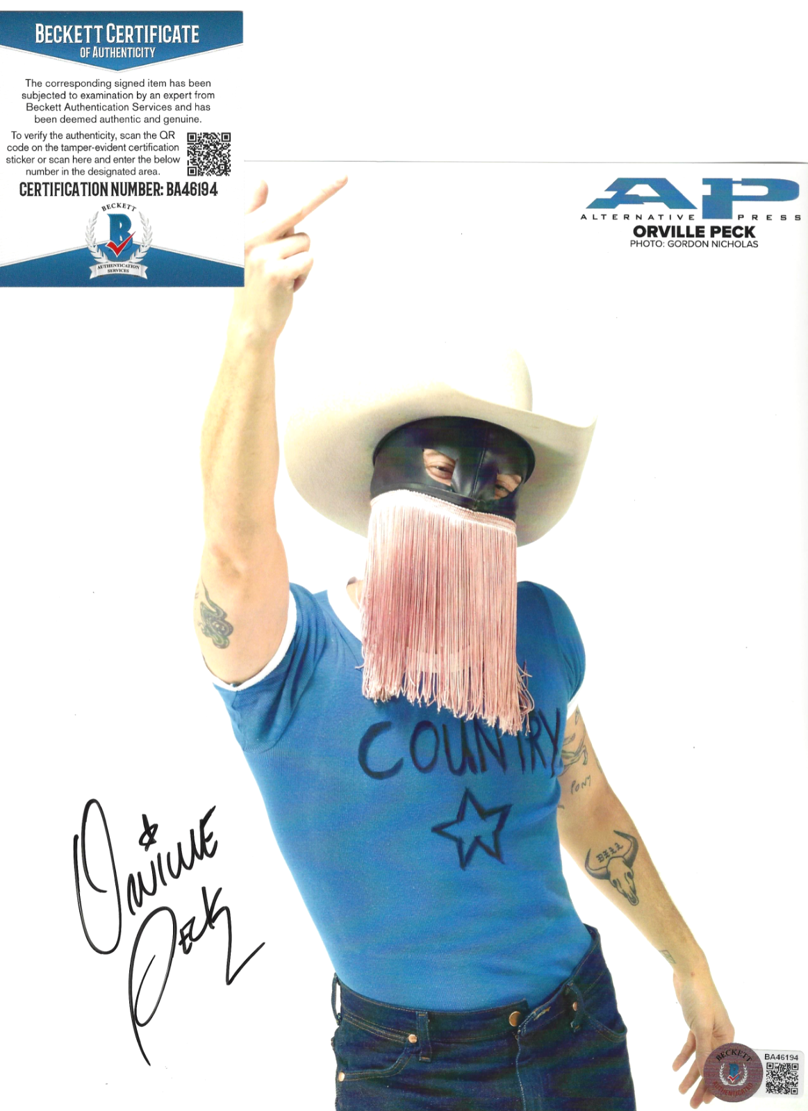 SINGER ORVILLE PECK SIGNED ALTERNATIVE PRESS COUNTRY 8x10 Photo Poster painting BECKETT COA BAS