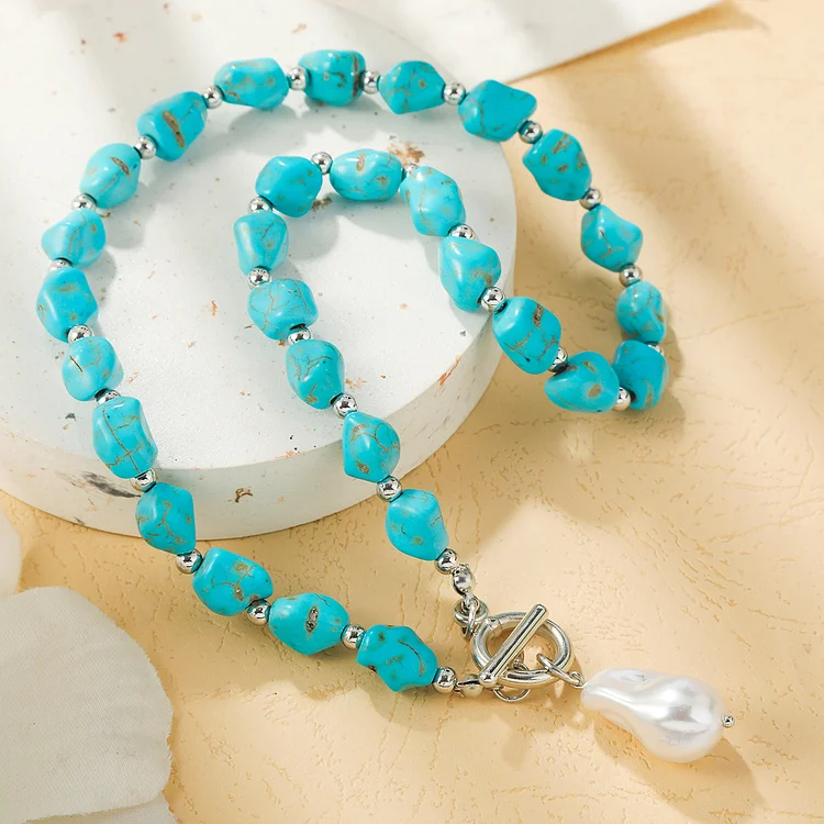 Women Pearl Turquoise Long Beaded Necklace Vintage Ethnic Necklace Jewelry