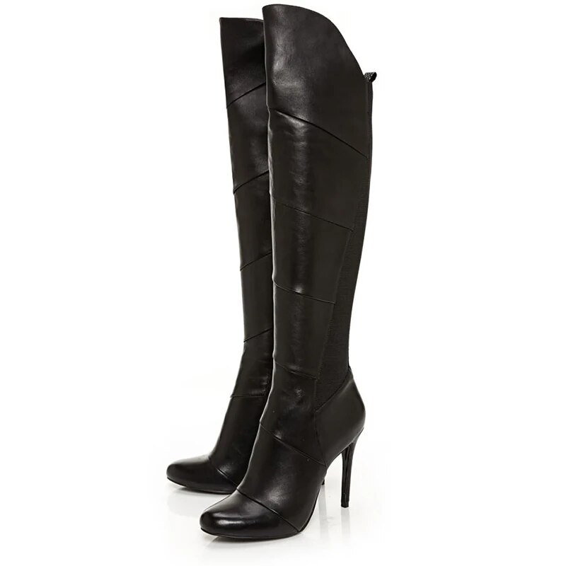 TAAFO Black Round Toe High Heels Stiletto Heels And Knee Boots Women'S