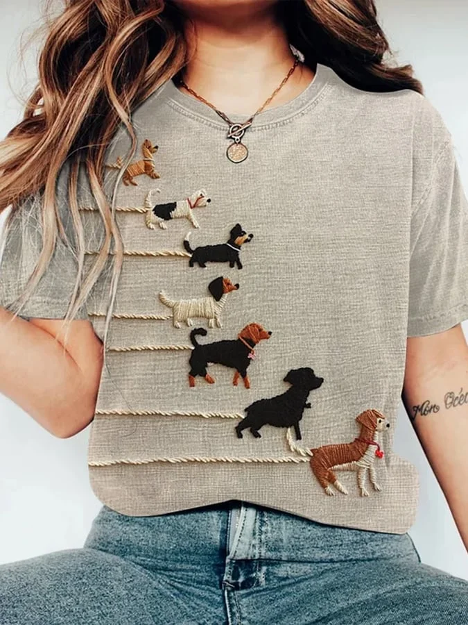 Women's Dog Art Print Crew Neck Short Sleeve T-Shirt Eagerlys