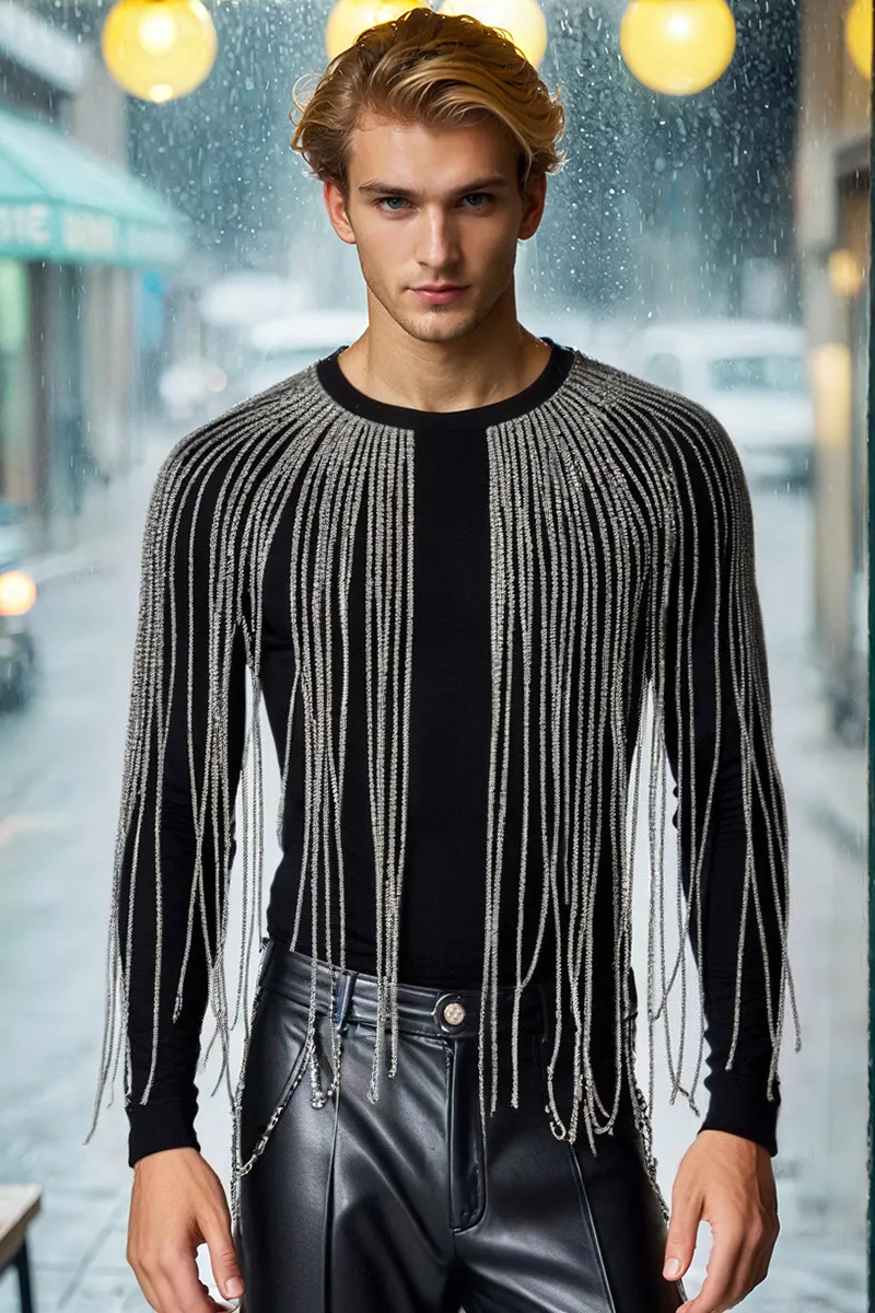 Ciciful Men's Glitter Tassel Festival Black Long Sleeve Top