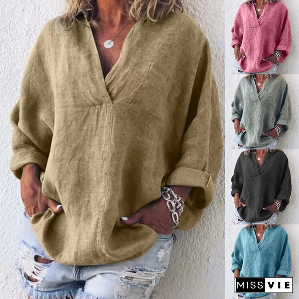 Women Fashion Loose Casual Pure Color Long Sleeved Shirts Plus Size Cotton Spring Blouses