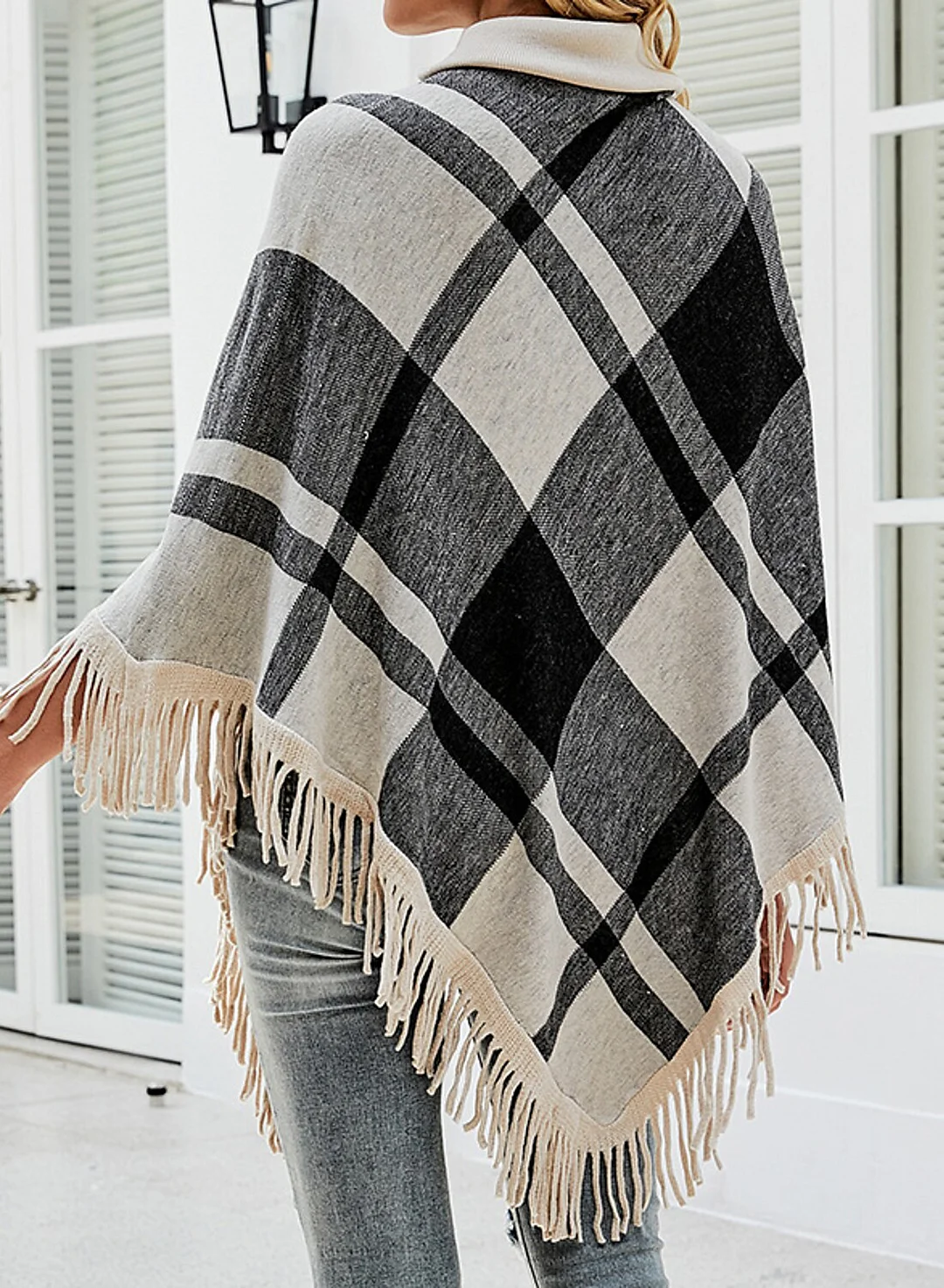 Women's Shirt Shrugs Plaid Tassel Print Long Sleeve   High Neck Ponchos Capes