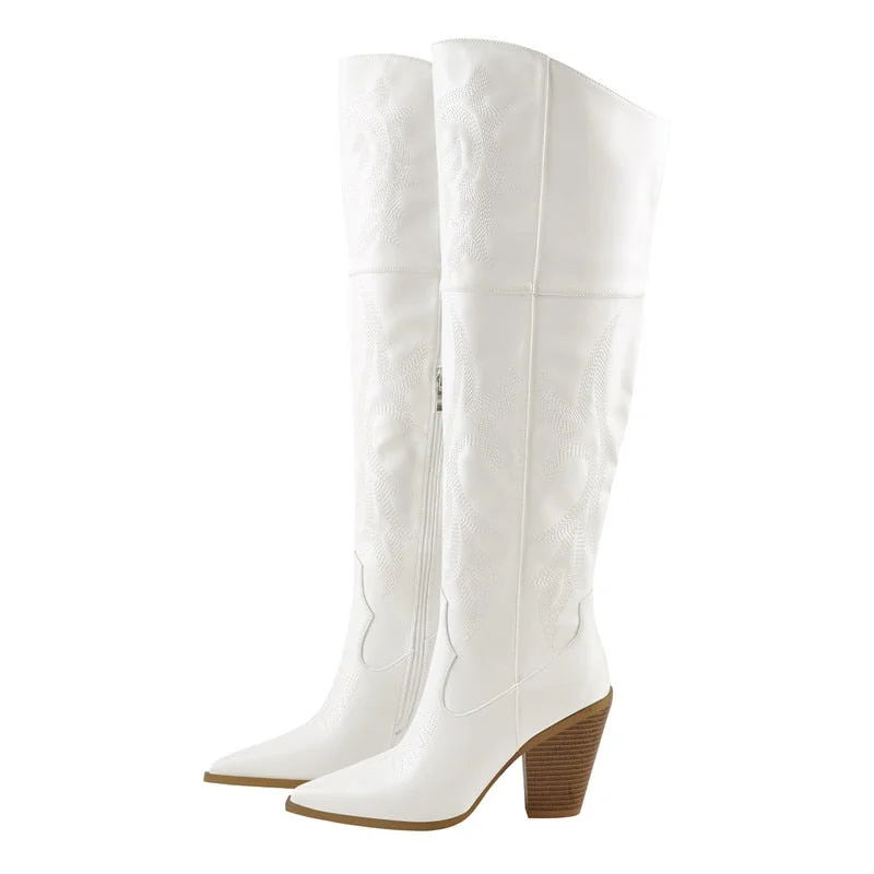 Onlymaker Winter Women's Black Brown Knee High Boots Pointed Toe Chunky Pull On Embroidered Thick Heels Boots Zipper Large Size