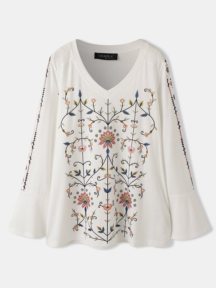 Vintage Floral Print V neck Long Bell Sleeve Casual Blouse for Women P1803034